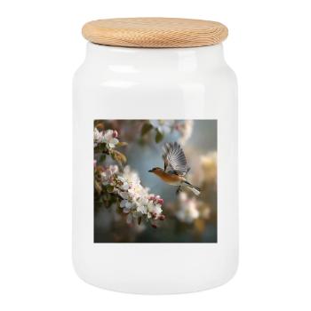 Spring sparrow in blossom flight - Cookie Jar with Wooden Lid - white - Front