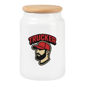 Trucker head with red cap - Cookie Jar with Wooden Lid - white - Front