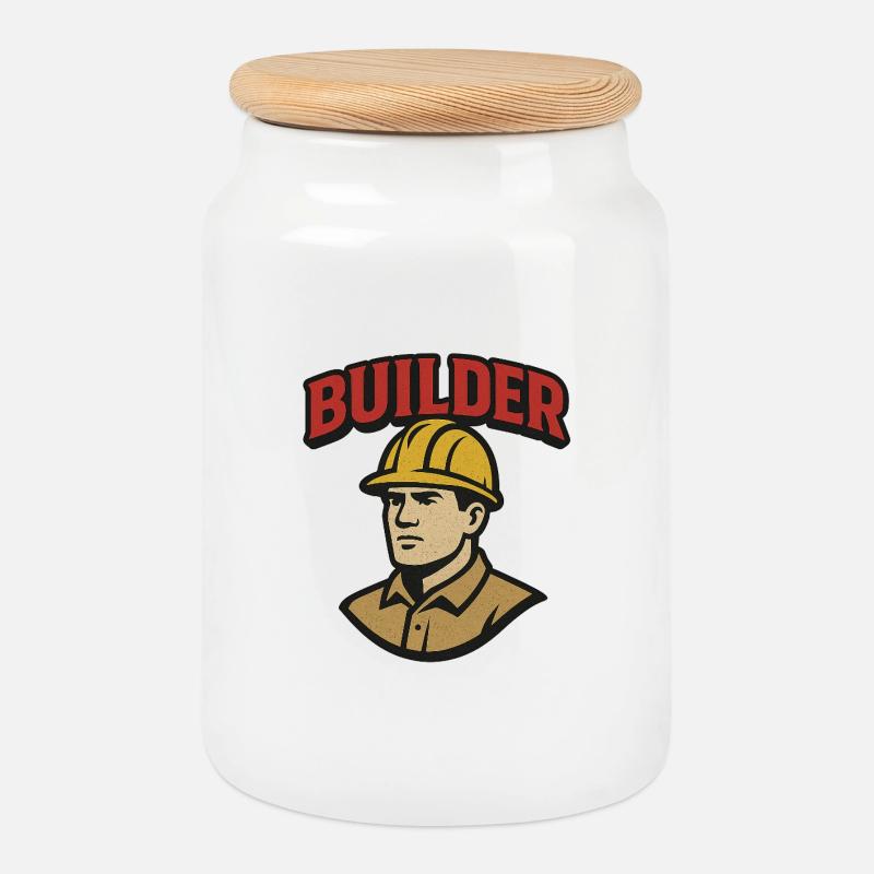 Construction Worker Retro Logo with Helmet - Cookie Jar with Wooden Lid - white
