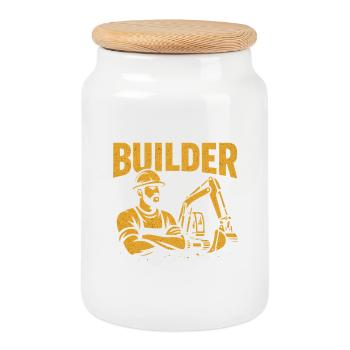 Construction worker kraft yellow on black - Cookie Jar with Wooden Lid - white - Front