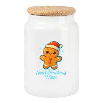Christmas gingerbread with Santa hat - Cookie Jar with Wooden Lid - white - Front