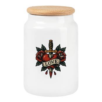 Heart Dagger Tattoo with Roses - Cookie Jar with Wooden Lid - white - Front