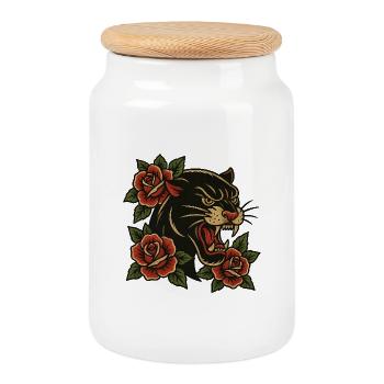 Tiger with roses - Cookie Jar with Wooden Lid - white - Front