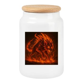 Lava-flammender Wolf - Keksdose mit Holzdeckel - Weiß - Vorne