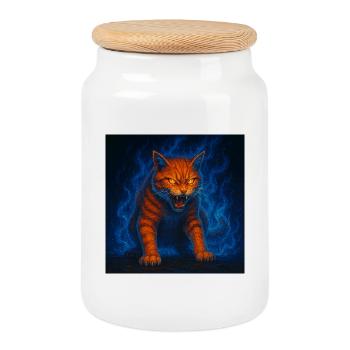 Flammende Katze in blauen Flammen - Keksdose mit Holzdeckel - Weiß - Vorne
