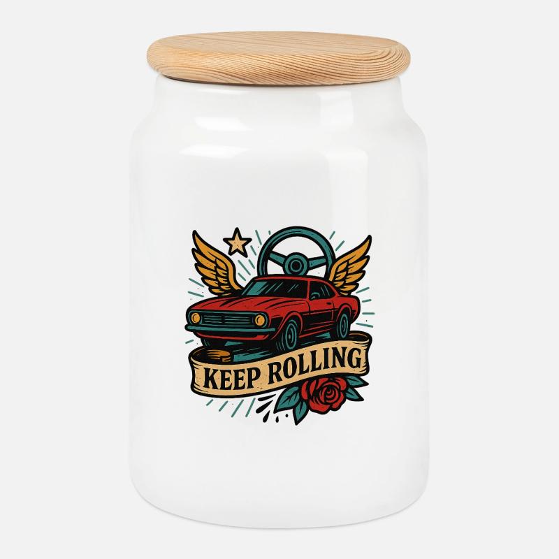 Keep Rolling Vintage Car - Keksdose mit Holzdeckel - Weiß