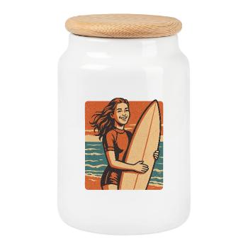 Retro Surferin am Sonnenuntergang - Keksdose mit Holzdeckel - Weiß - Vorne