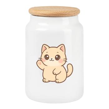 Kawaii Kitten Waving Design - Cookie Jar with Wooden Lid - white - Front