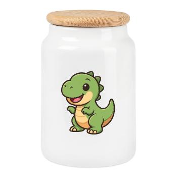 Fröhlicher Dino Kuschel-Clipart - Keksdose mit Holzdeckel - Weiß - Vorne