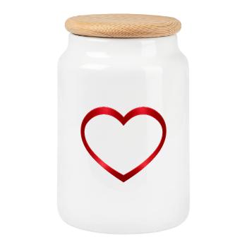 NEW -- Luminous Red Heart Design – Beautiful! - Cookie Jar with Wooden Lid - white - Front