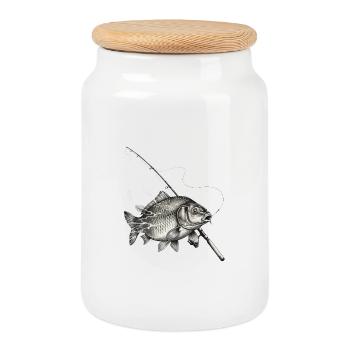 Carp Fish Rod Fishing Ink Vector - Cookie Jar with Wooden Lid - white - Front
