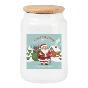 Christmas Santa with sack and candy cane - Cookie Jar with Wooden Lid - white - Front