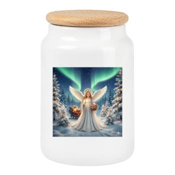 Angels in the Northern Lights Winter Forest - Cookie Jar with Wooden Lid - white - Front
