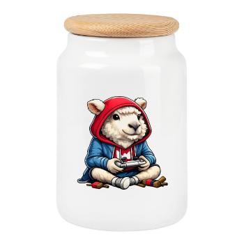 Gamer Schaf Hoodie Charme - Keksdose mit Holzdeckel - Weiß - Vorne