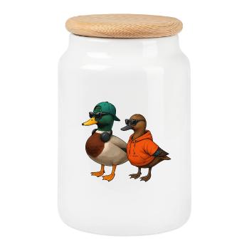 Couple de canards dans un look cool - Boîte à biscuits avec couvercle en bois - blanc - Devant