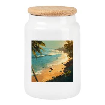 Sunny beach surfers on palm beach - Cookie Jar with Wooden Lid - white - Front