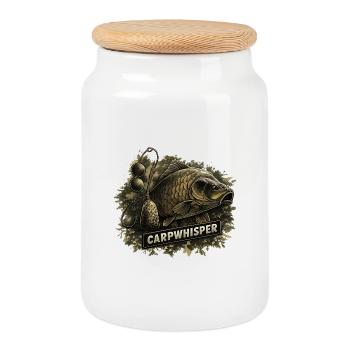 CARPWHISPER : Motif de carpe avec des accessoires de pêche - Boîte à biscuits avec couvercle en bois - blanc - Devant