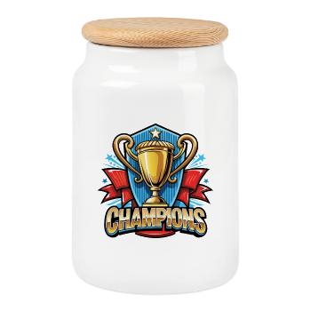 Champions Pokal Motiv mit Banner - Keksdose mit Holzdeckel - Weiß - Vorne