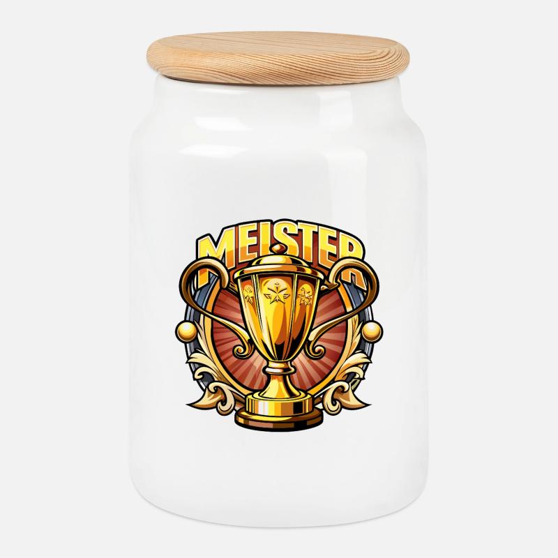 Meisterpokal Siegdesign - Keksdose mit Holzdeckel - Weiß