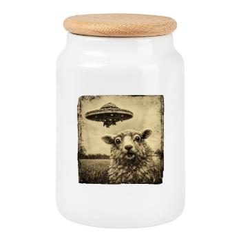 UFO visit to the pasture - Cookie Jar with Wooden Lid - white - Front
