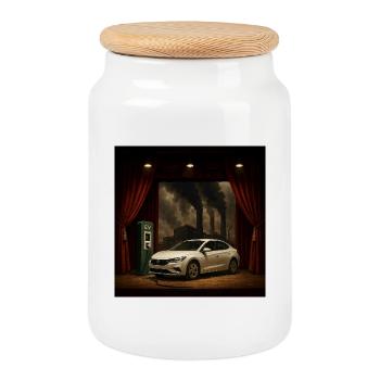 Voiture électrique sur la scène de la fumée - Boîte à biscuits avec couvercle en bois - blanc - Devant