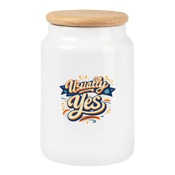 Usually Yes Retro Script - Cookie Jar with Wooden Lid - white - Front