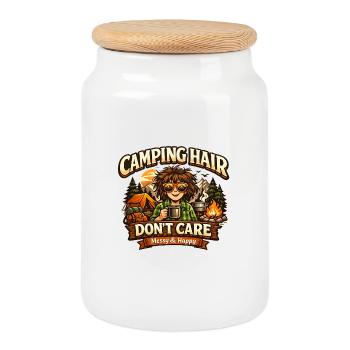 Camping Hair Don’t Care – Humor T-Shirt - Keksdose mit Holzdeckel - Weiß - Vorne