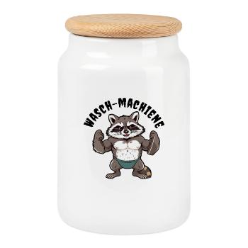 Raccoon Power – Muscle Raccoon Motif - Cookie Jar with Wooden Lid - white - Front