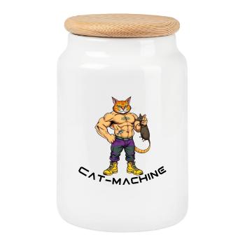 Cat muscle hero with mouse - Cookie Jar with Wooden Lid - white - Front