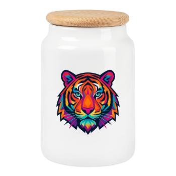 Neon Tiger Pop Art Porträtfoto - Keksdose mit Holzdeckel - Weiß - Vorne