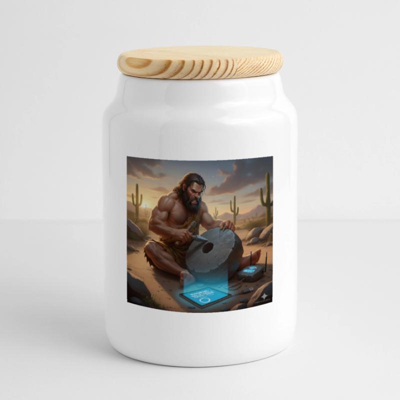 Caveman Tech Support - The First Tutorial Cookie Jar with Wooden Lid