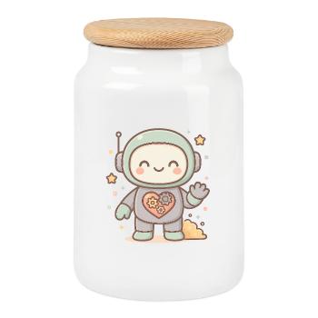 Robot kawaii au cœur mécanique - Boîte à biscuits avec couvercle en bois - blanc - Devant