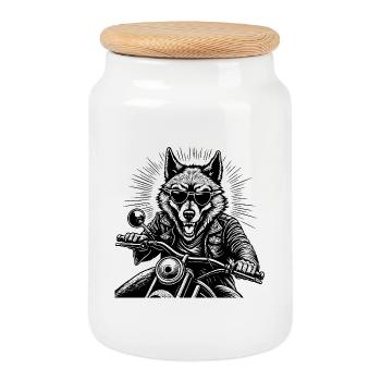 Wolf auf Motorrad Lederjacke Grafik - Keksdose mit Holzdeckel - Weiß - Vorne