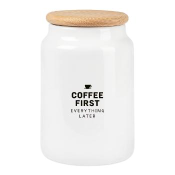 Coffee First, Everything Later – Lustig Kaffee - Keksdose mit Holzdeckel - Weiß - Vorne
