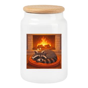 Raton laveur douillet près de la cheminée - Boîte à biscuits avec couvercle en bois - blanc - Devant