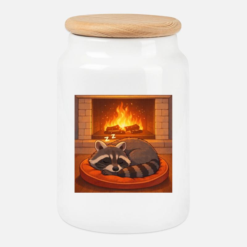 Gemütlicher Waschbär am Kamin - Keksdose mit Holzdeckel - Weiß