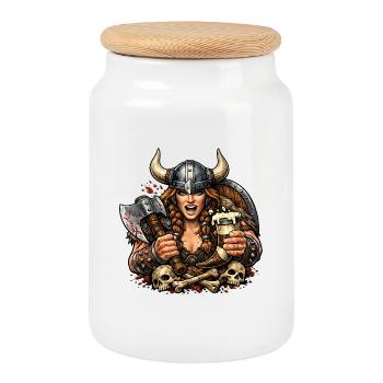 Viking Kriegerin mit Helm und Bier - Keksdose mit Holzdeckel - Weiß - Vorne