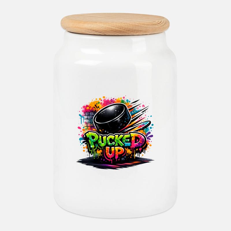 Pucked Up Graffiti Puck - Cookie Jar with Wooden Lid - white