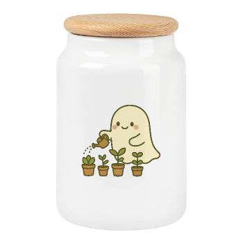 Cute Gardening Ghost ,Cozy Plant Lover - Cookie Jar with Wooden Lid - white - Front