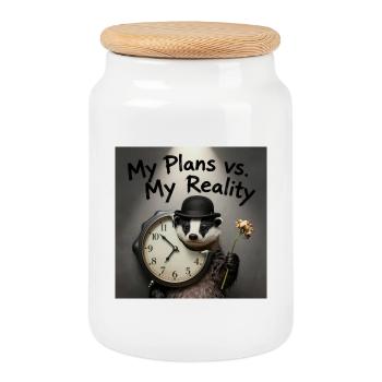 My Plans vs Reality – Badger with Clock - Cookie Jar with Wooden Lid - white - Front