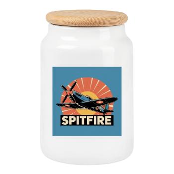 Spitfire Retro Aviation Print - Cookie Jar with Wooden Lid - white - Front