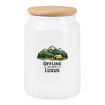 Offline ist mein Luxus – Camping & Outdoor - Keksdose mit Holzdeckel - Weiß - Vorne
