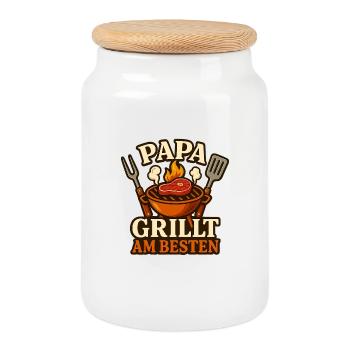 Papa grille le mieux - maître grill Tenu au grill - Boîte à biscuits avec couvercle en bois - blanc - Devant