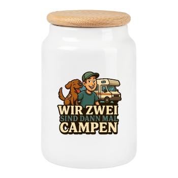 Wir Zwei sind dann mal Campen – Hunde und Camper - Keksdose mit Holzdeckel - Weiß - Vorne