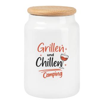 Grilling and chilling the nice man camping - Cookie Jar with Wooden Lid - white - Front