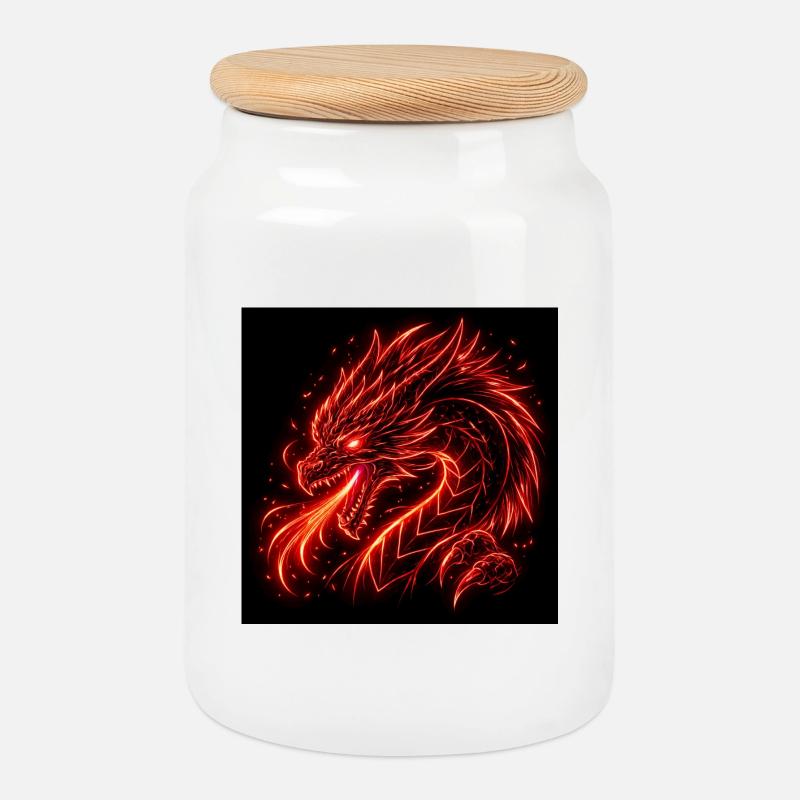 Neondrache im roten Feuer - Keksdose mit Holzdeckel - Weiß