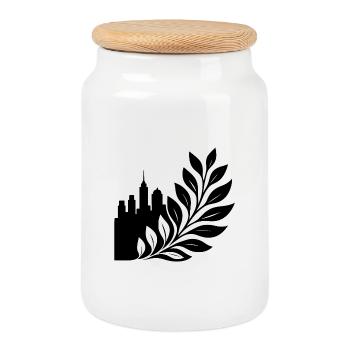 City Forest Skyline Leaf Design - Cookie Jar with Wooden Lid - white - Front