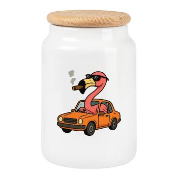 Flamingo in einem orangefarbenen Auto - Keksdose mit Holzdeckel - Weiß - Vorne