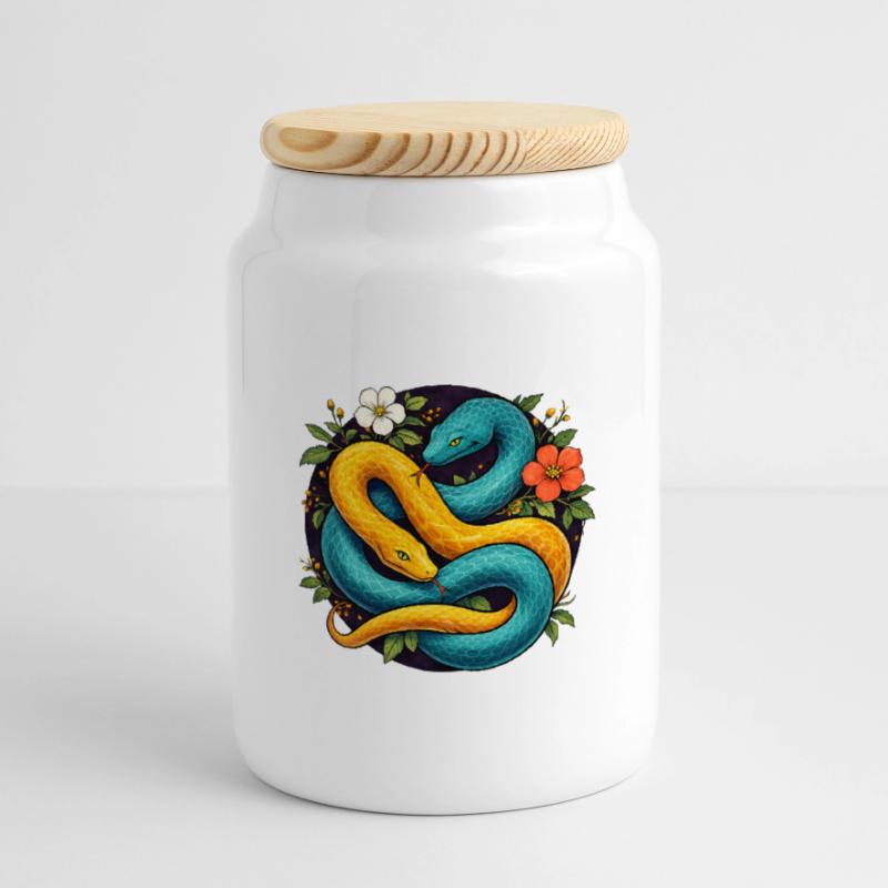 Deux serpents python dans l’anneau fleuri Boîte à biscuits avec couvercle en bois
