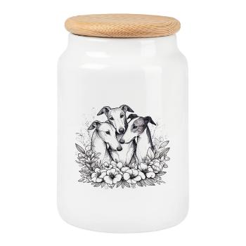 Three greyhounds in a circle of flowers - Cookie Jar with Wooden Lid - white - Front
